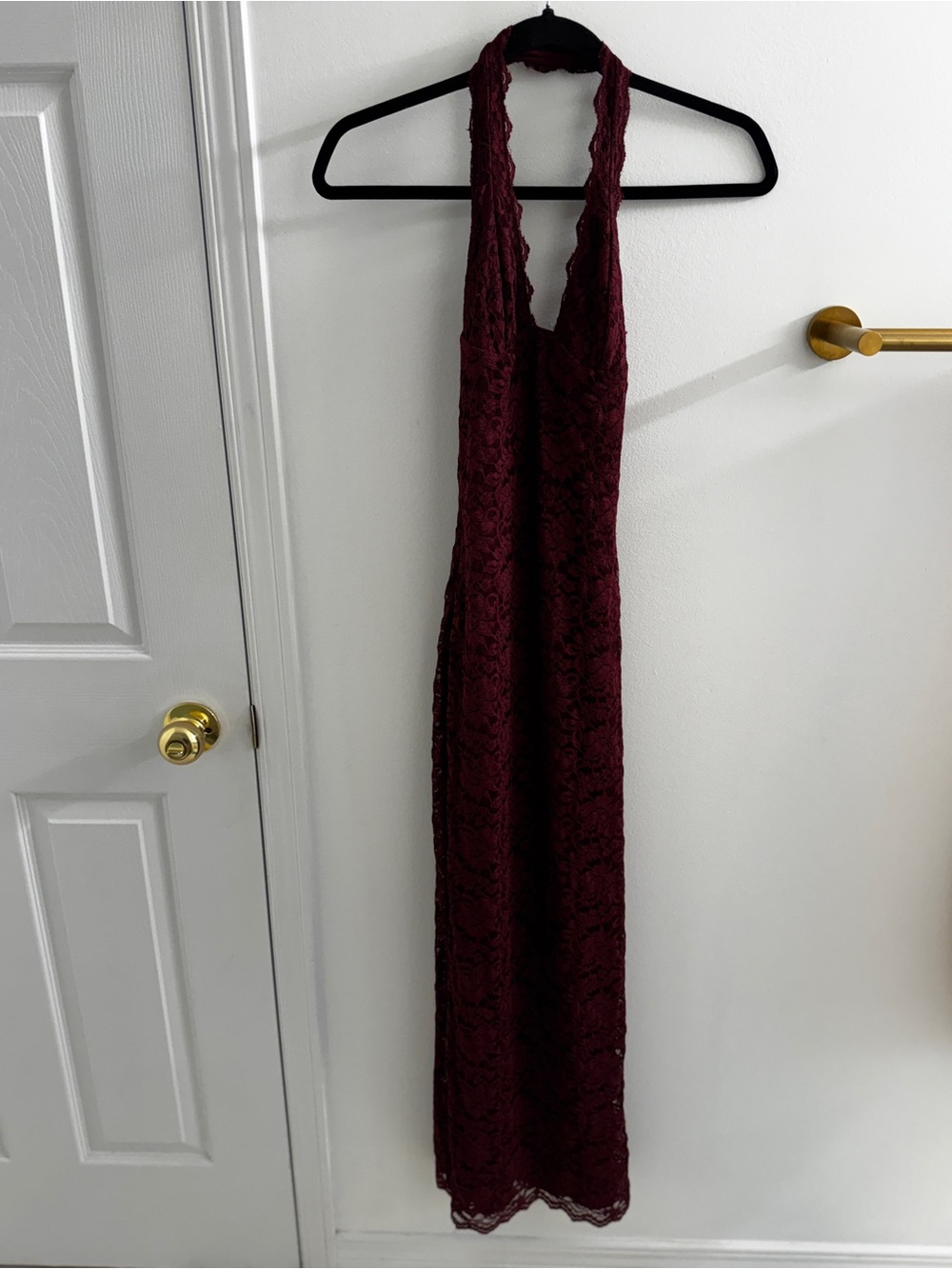 White Fox Boutique Burgundy Lace Halter Backless Maxi Dress